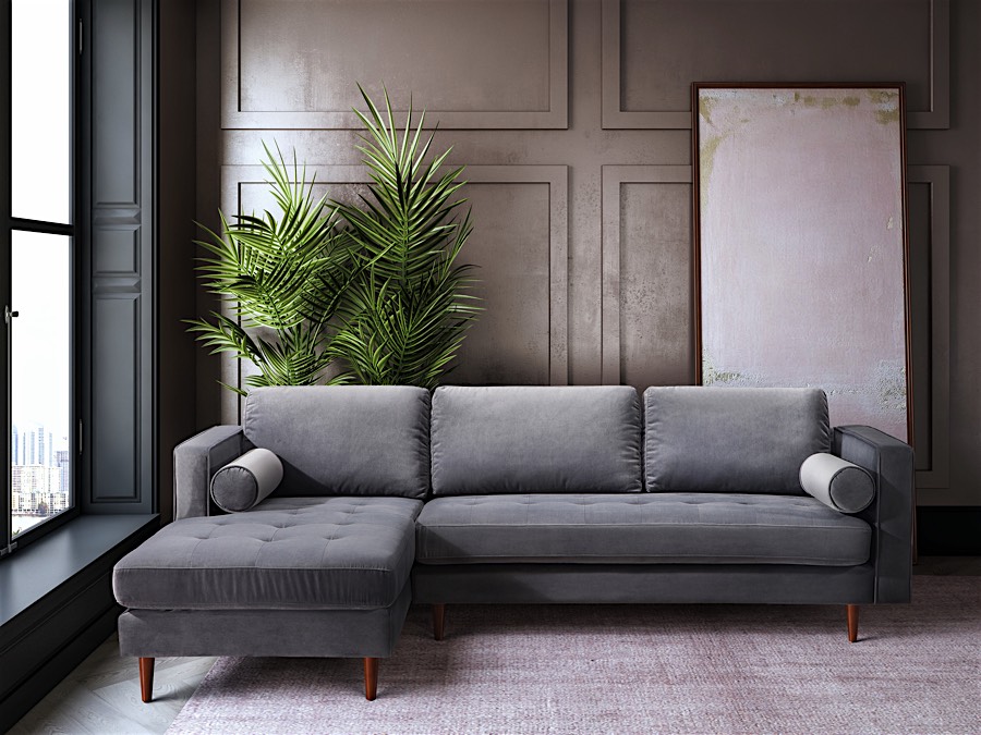 Mid Century Modern Velvet Sectional, Low Profile Velvet Sectional Sofa With Left Facing Chaise